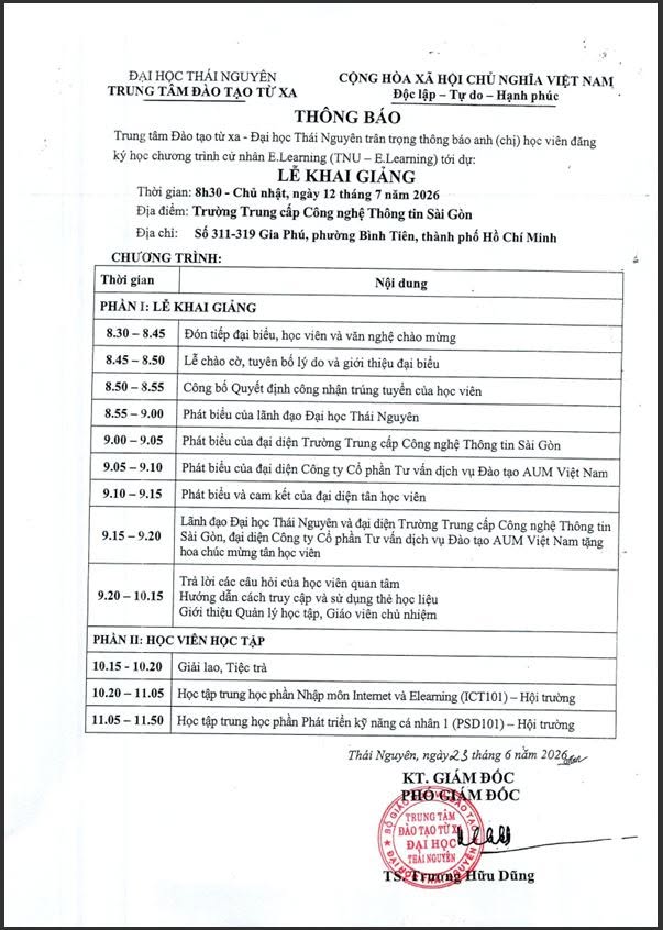 Thông báo khai giảng tại TP.HCM