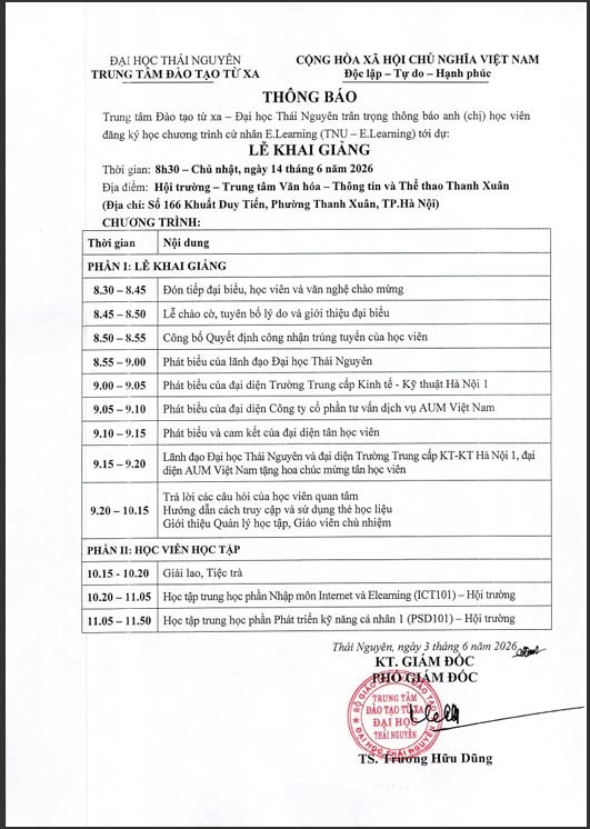 Thông báo lễ khai giảng chương trình Đại học từ xa E-Learning Đại học Thái Nguyên tại Hà Nội
