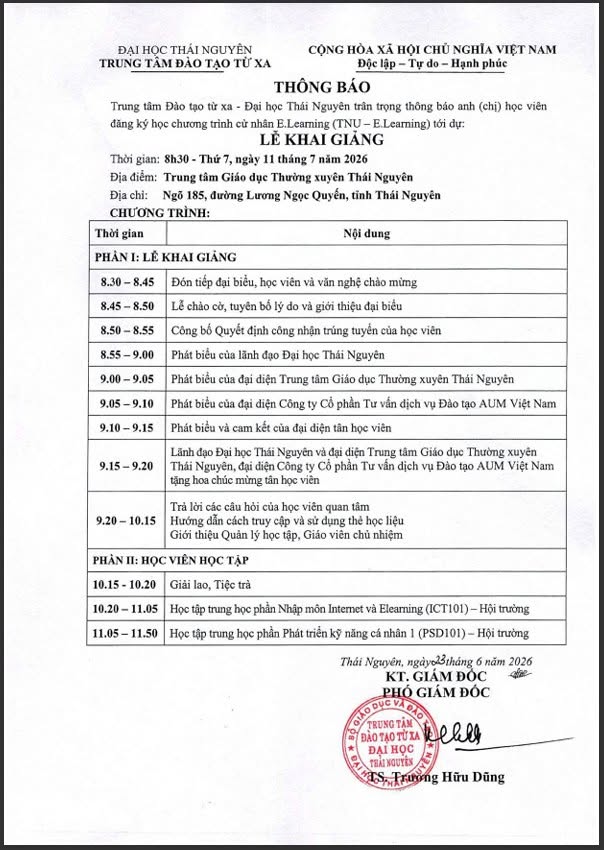 Thông báo khai giảng tại Thái Nguyên